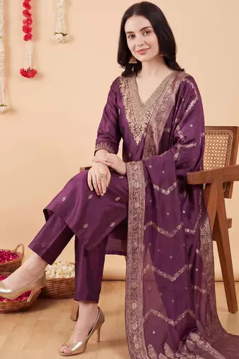 Purple embroidered silk blend kurta trouser dupatta set