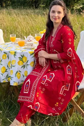Maroon printed pure cotton kurta trouser dupatta set