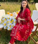 Maroon printed pure cotton kurta trouser dupatta set
