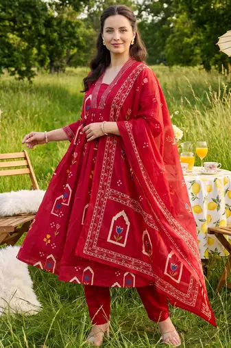 Maroon printed pure cotton kurta trouser dupatta set