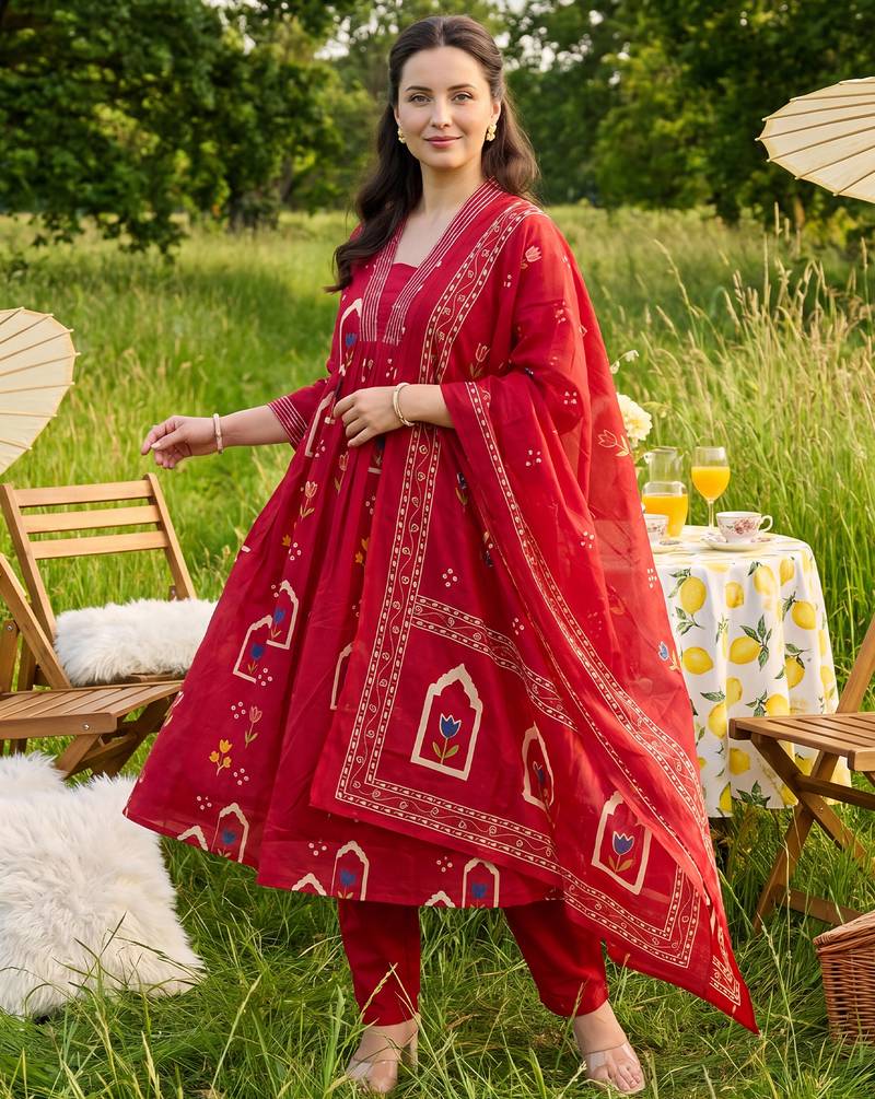 Maroon printed pure cotton kurta trouser dupatta set