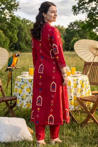 Maroon printed pure cotton kurta trouser dupatta set
