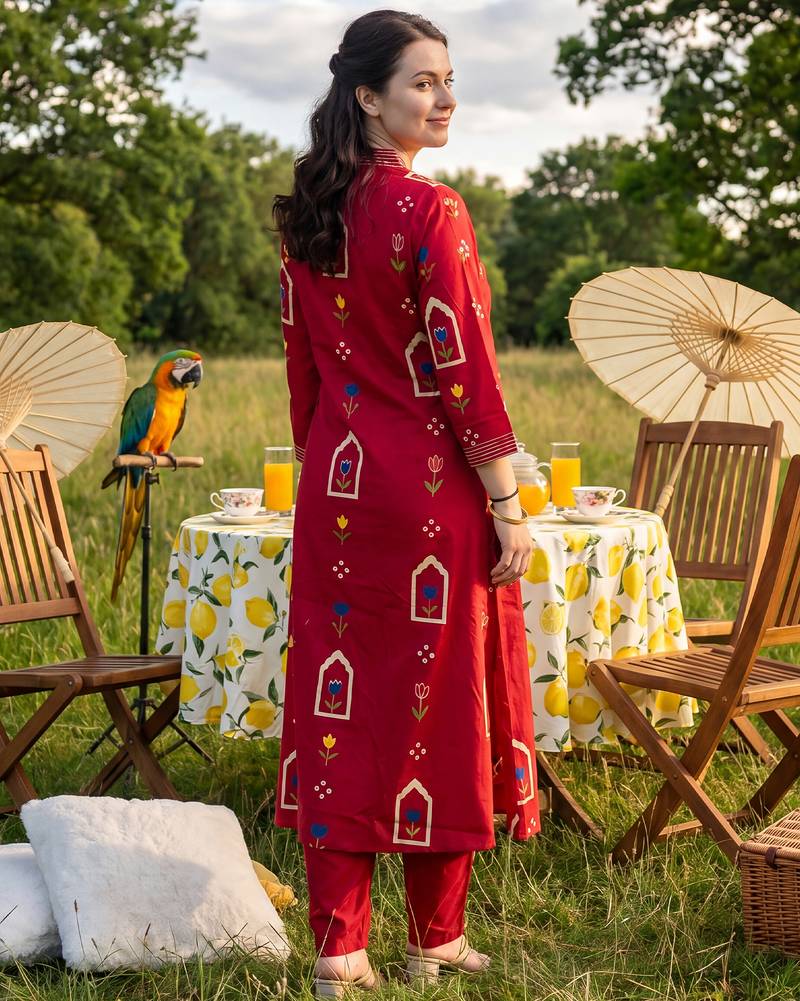 Maroon printed pure cotton kurta trouser dupatta set