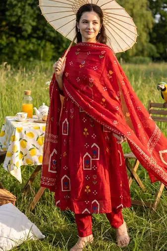 Maroon printed pure cotton kurta trouser dupatta set