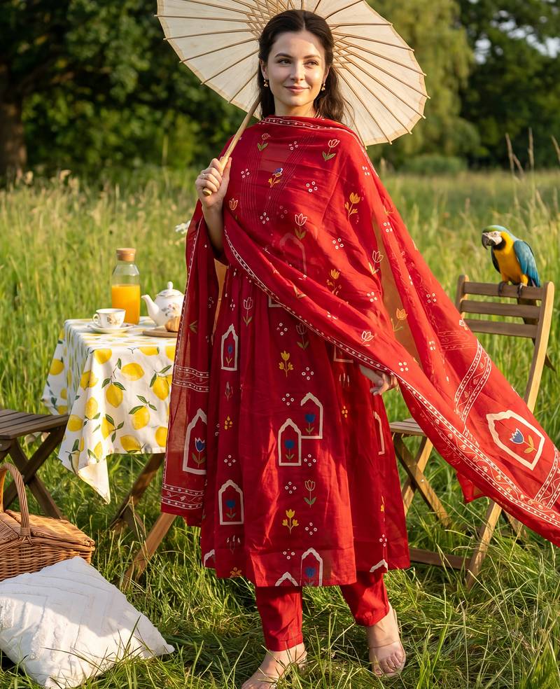 Maroon printed pure cotton kurta trouser dupatta set