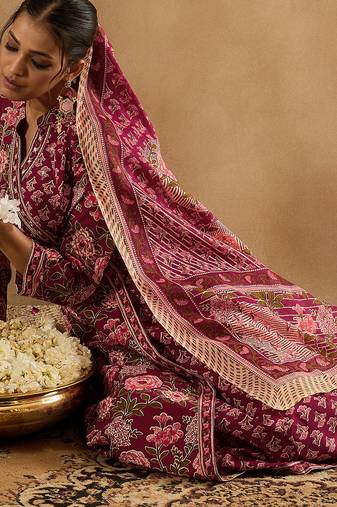 Burgundy printed pure cotton kurta trouser dupatta set