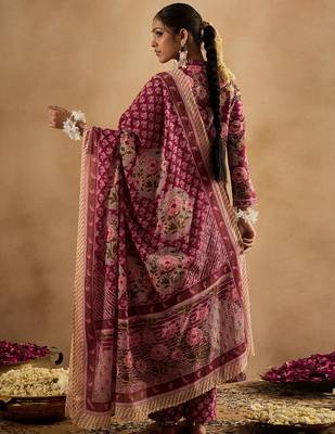 Burgundy printed pure cotton kurta trouser dupatta set 2