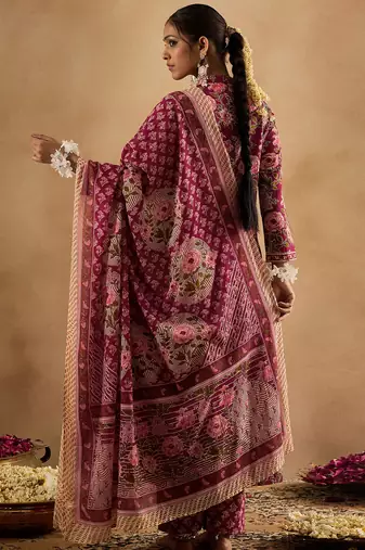 Burgundy printed pure cotton kurta trouser dupatta set