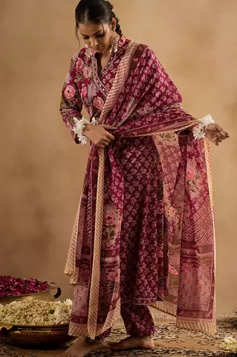 Burgundy printed pure cotton kurta trouser dupatta set