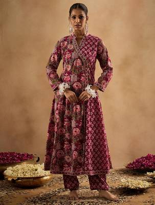 Burgundy printed pure cotton kurta trouser dupatta set 4