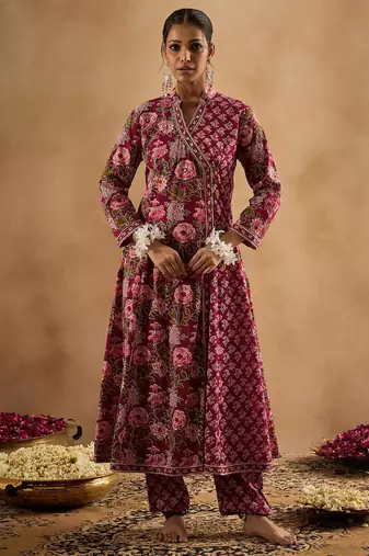 Burgundy printed pure cotton kurta trouser dupatta set