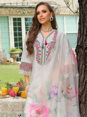 White embroidered cotton blend kurta trouser dupatta set 1