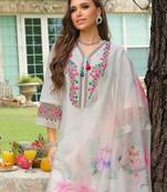 White embroidered cotton blend kurta trouser dupatta set