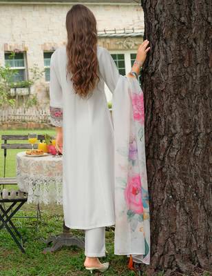 White embroidered cotton blend kurta trouser dupatta set 2