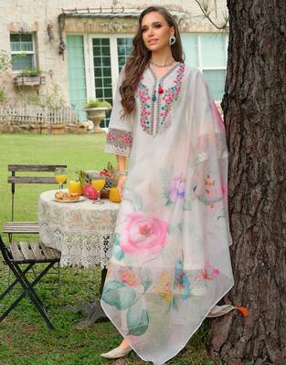 White embroidered cotton blend kurta trouser dupatta set 3
