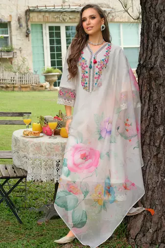 White embroidered cotton blend kurta trouser dupatta set