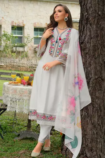 White embroidered cotton blend kurta trouser dupatta set