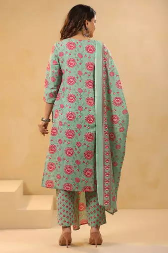 Sea green embroidered cotton blend kurta trouser dupatta set