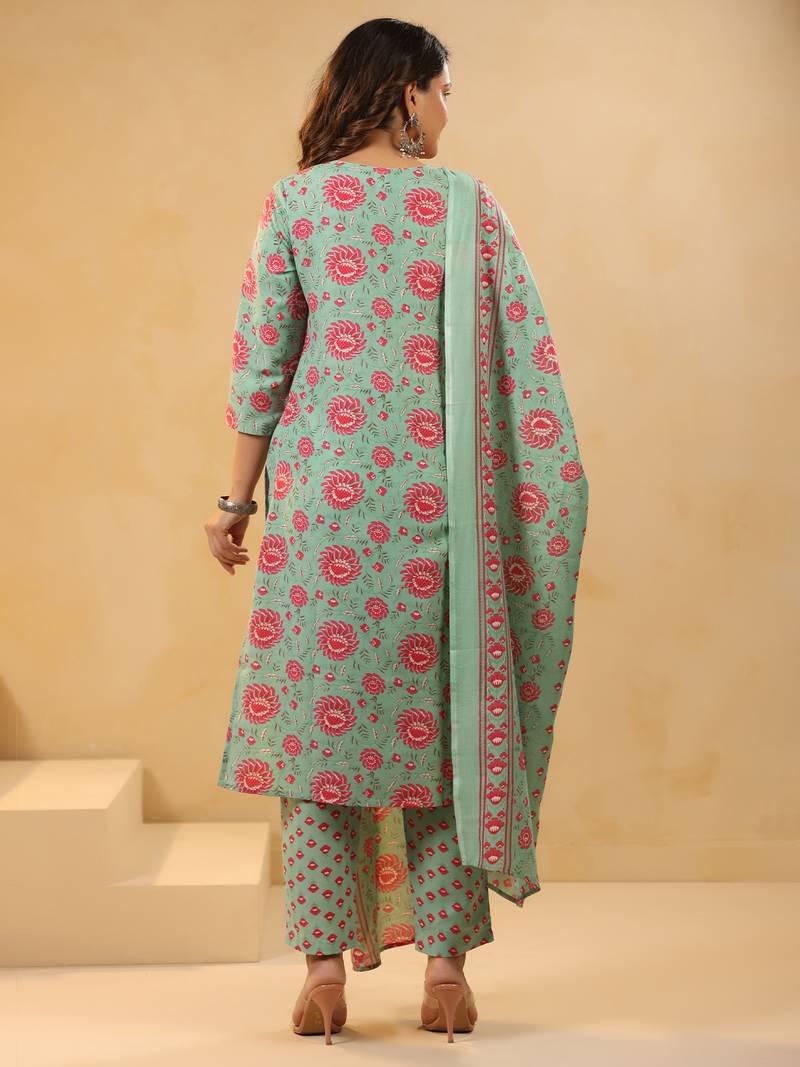 Sea green embroidered cotton blend kurta trouser dupatta set