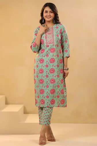 Sea green embroidered cotton blend kurta trouser dupatta set