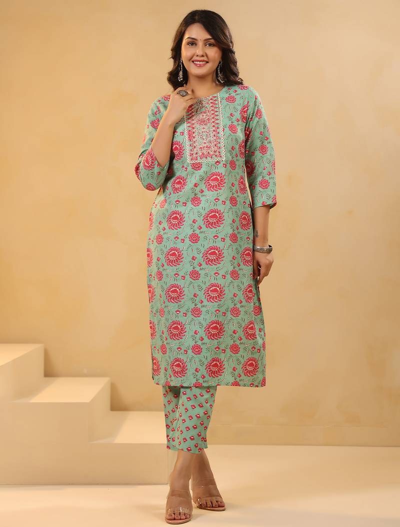 Sea green embroidered cotton blend kurta trouser dupatta set