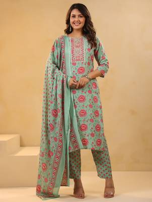 Sea green embroidered cotton blend kurta trouser dupatta set 4