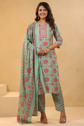 Sea green embroidered cotton blend kurta trouser dupatta set