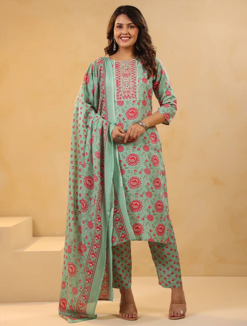Sea green embroidered cotton blend kurta trouser dupatta set