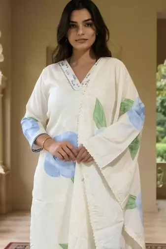 Off white printed linen kurta trouser dupatta set