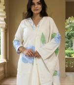 Off white printed linen kurta trouser dupatta set