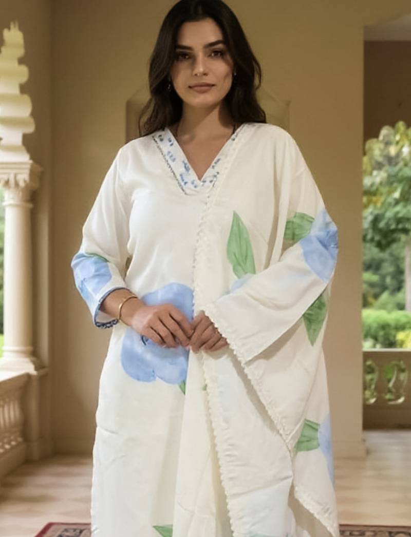 Off white printed linen kurta trouser dupatta set