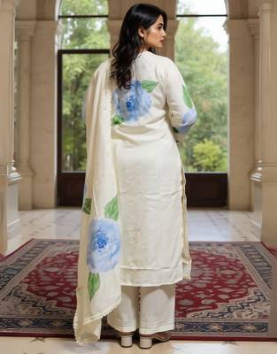 Off white printed linen kurta trouser dupatta set 2