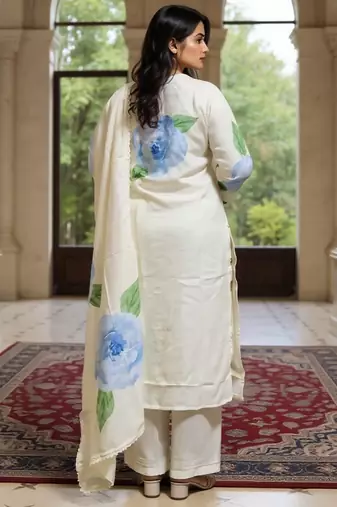 Off white printed linen kurta trouser dupatta set