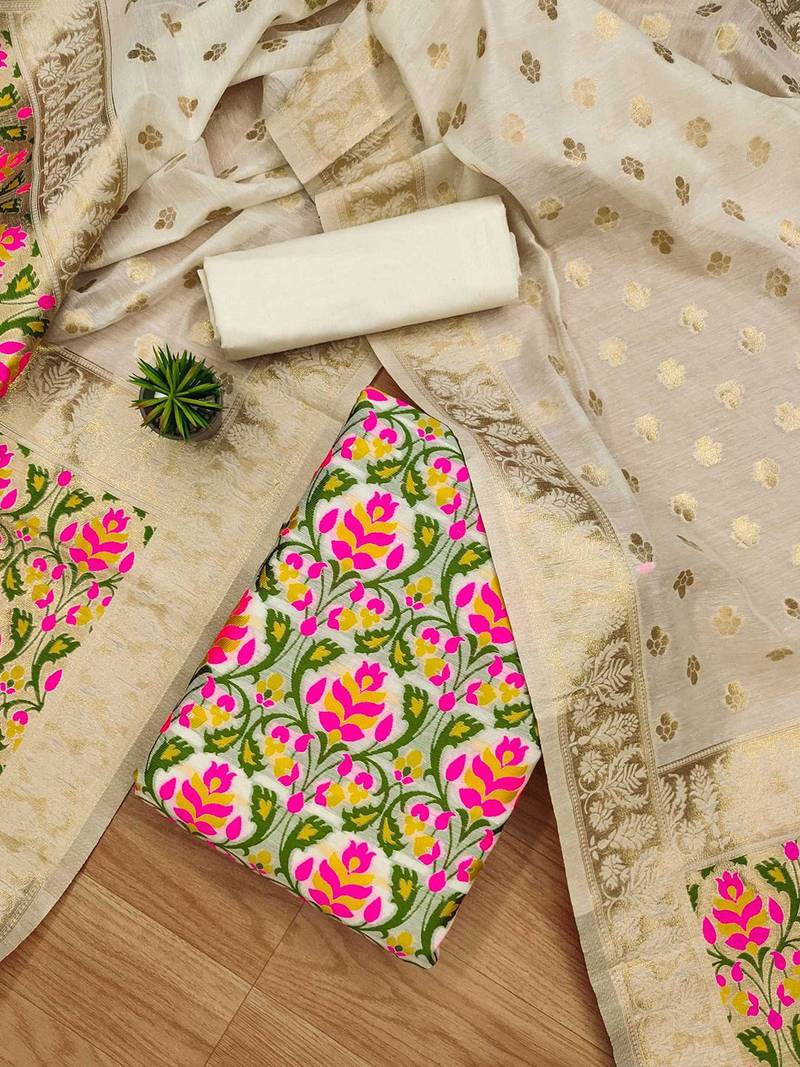 Ethnic Motifs Woven Design Zari Chanderi Cotton Unstitched Dress Material