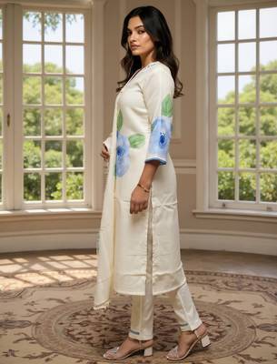 Off white printed linen kurta trouser dupatta set 3