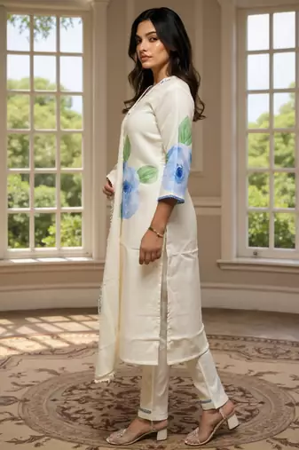 Off white printed linen kurta trouser dupatta set