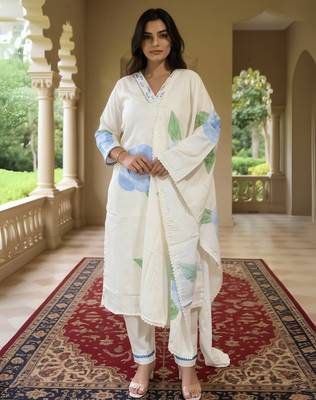Off white printed linen kurta trouser dupatta set 4