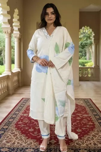 Off white printed linen kurta trouser dupatta set