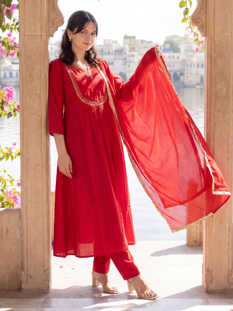 Red embroidered silk blend kurta trouser dupatta set