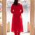 Red embroidered silk blend kurta trouser dupatta set