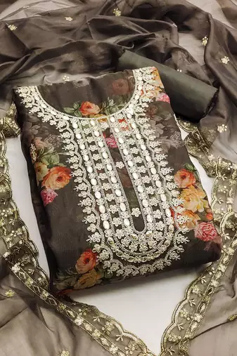 floral printed sequinned detail unstitched dress material