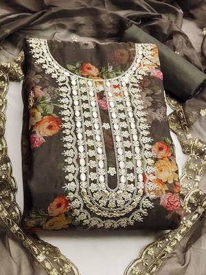floral printed sequinned detail unstitched dress material 2