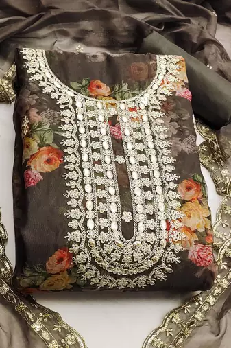 floral printed sequinned detail unstitched dress material