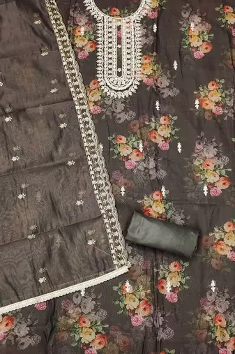floral printed sequinned detail unstitched dress material