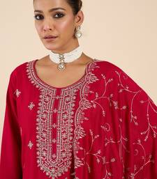 Pink embroidered silk blend kurta trouser dupatta set