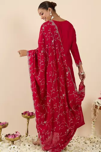 Pink embroidered silk blend kurta trouser dupatta set