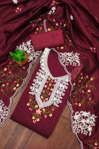 floral embroidered chanderi cotton unstitched dress material