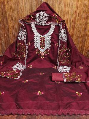 floral embroidered chanderi cotton unstitched dress material 2