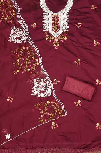 floral embroidered chanderi cotton unstitched dress material