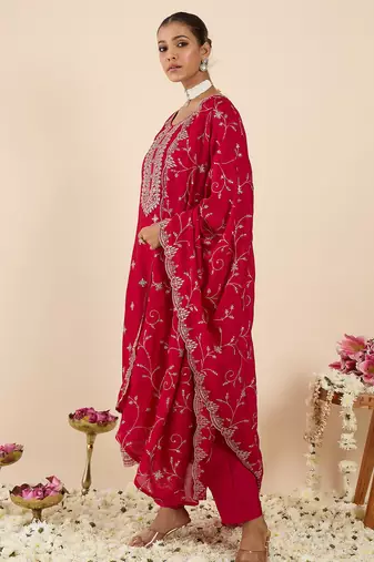 Pink embroidered silk blend kurta trouser dupatta set